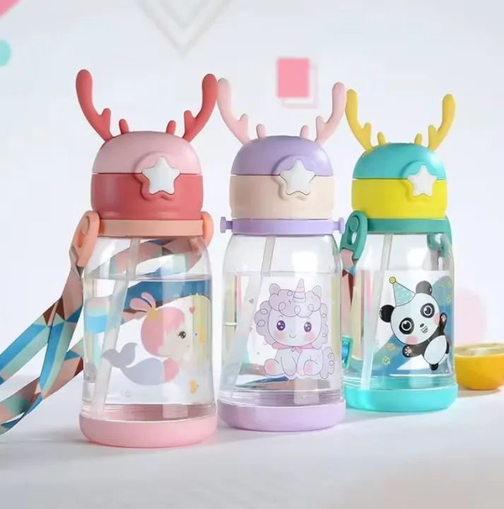 600ml imported quality kids sipper bottle with straw strap and stricker horn design plastic bottle leakproof sipper bottle for boy girl kids ardrop27893053